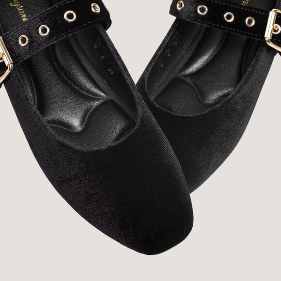 Women Velvet Black Polyurethane (PU) Closed Toe Strap Buckle Ballerina Flats - Picture 2 of 8